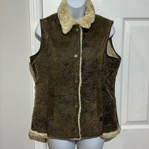 Woolrich Saddle Brown Leaf Embroidered Faux Sherpa Lined Vest Jacket Sz M